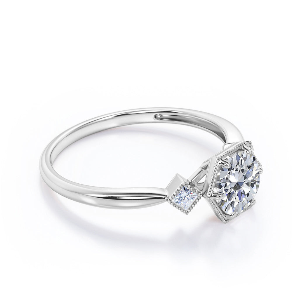 Trilogy Milgrain 1 carat Round cut Moissanite and diamonds tapered shank engagement ring in White gold