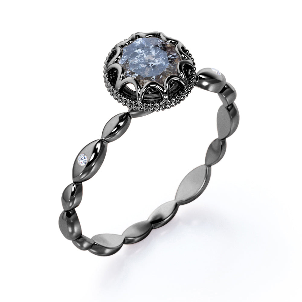 Scalloped Bead décor 0.5 carat Round cut Salt and pepper diamond marquise style engagement ring in Black gold