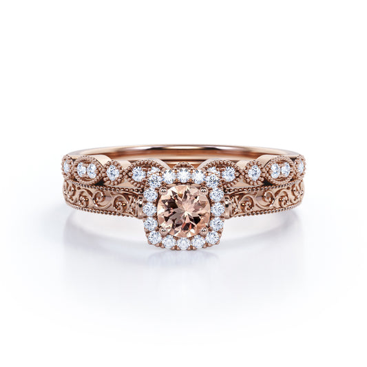 Victorian Filigree 0.9 carat Round cut Morganite and diamond halo Milgrain halo engagement ring set in Rose gold-Bridal set