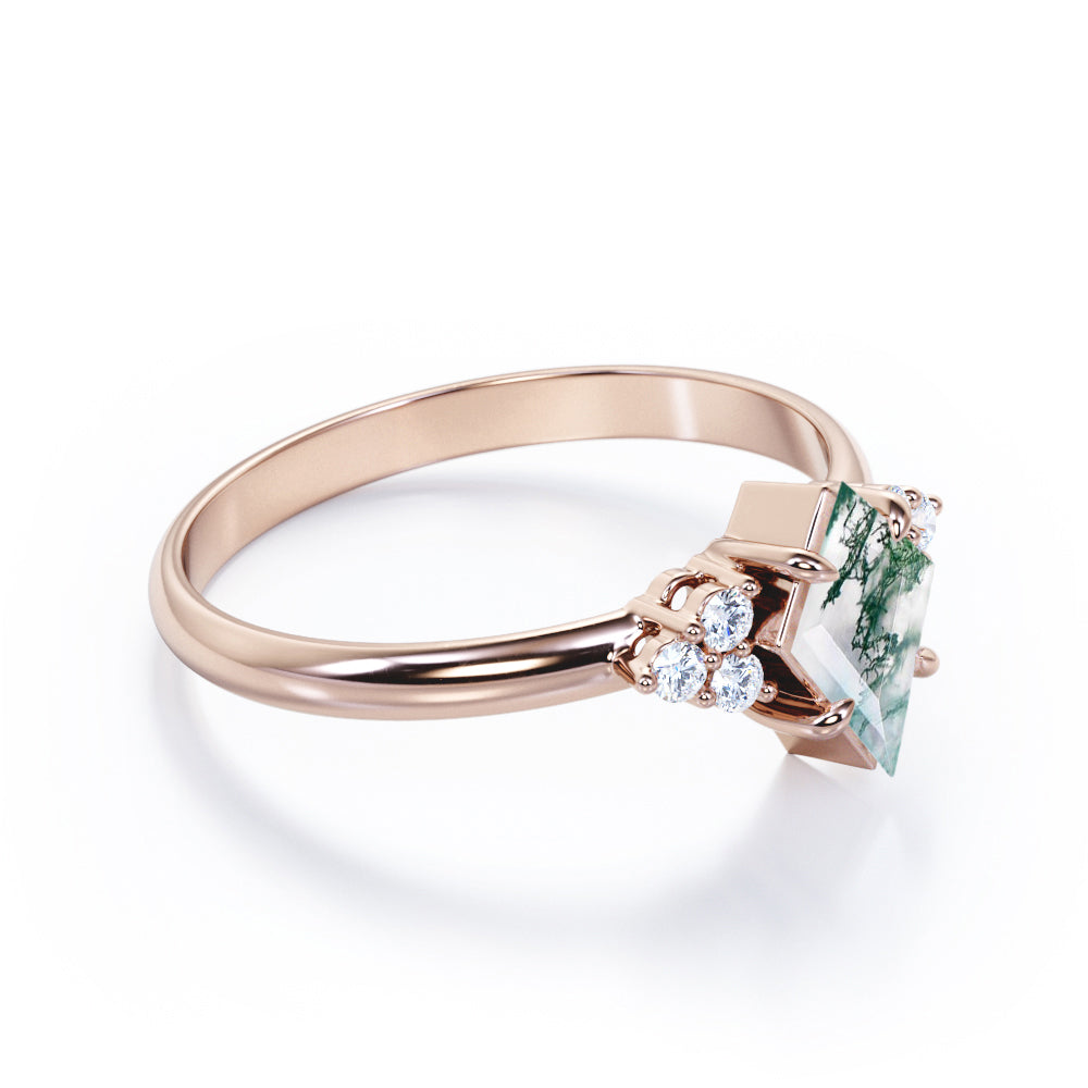 Exquisite Bezel 1.1 carat Kite shaped Moss Green Agate and diamond-claw prong setting-seven stone engagement ring in Rose gold