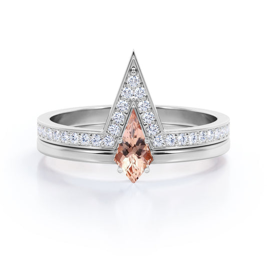 Modern Solitaire 1.25 carat Kite shaped Pink Morganite and diamond 4 prong wedding ring set in White gold