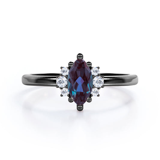 Unique 1.1 carat Marquise shaped Synthetic Alexandrite and diamond floral engagement ring in Black gold