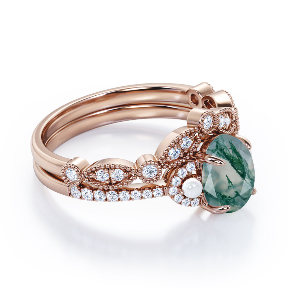 Victorian style Milgrain 1.55 carat Oval cut Moss Green Agate, diamond and pearl art nouveau Bridal set for women in Rose gold