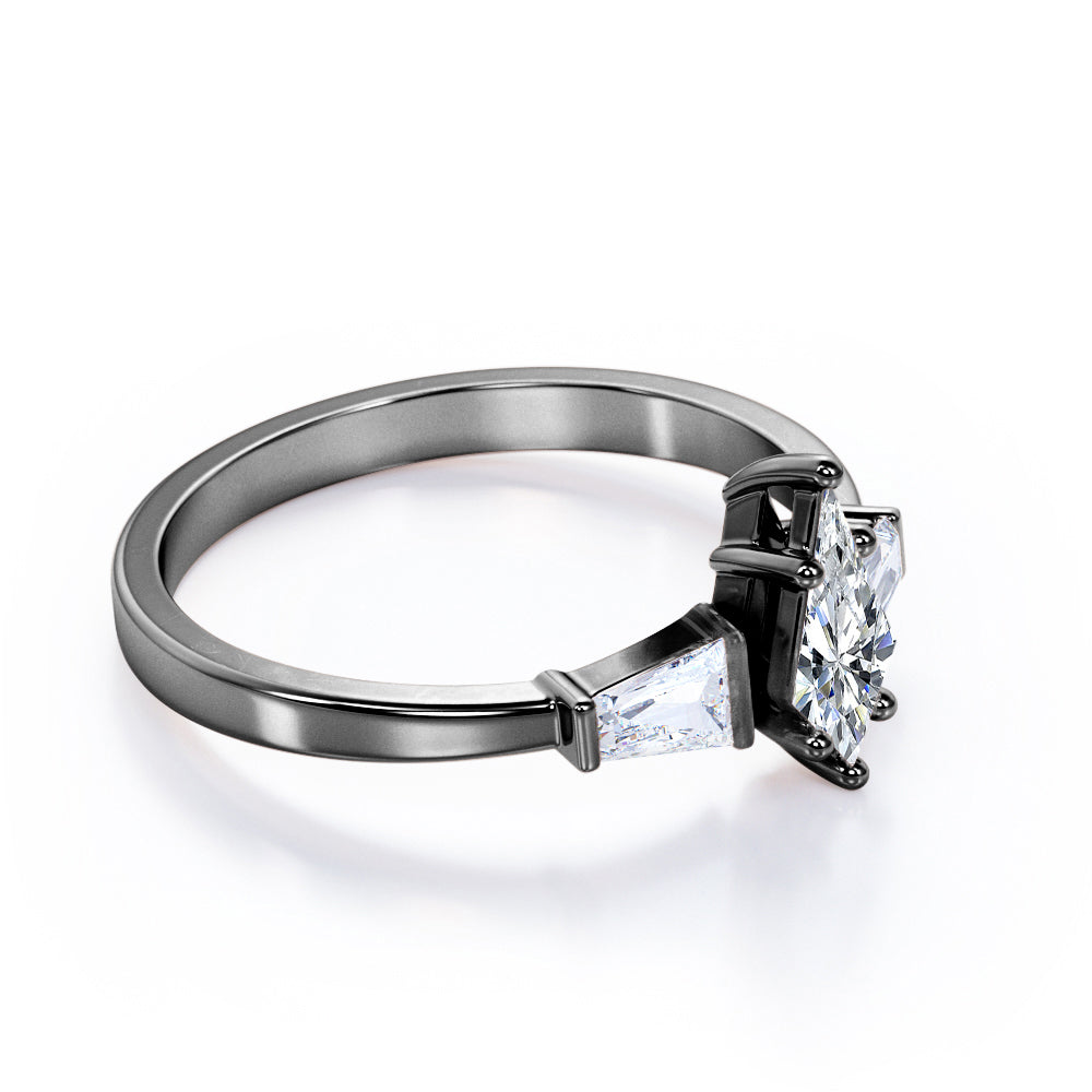 Eccentric 1.2 carat Kite shaped Moissanite and diamond art deco baguette engagement ring in Black gold