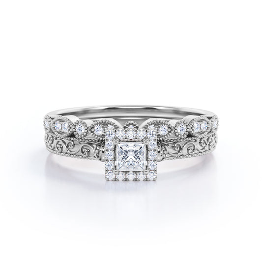 Filigree and Milgrain 1 carat Princess cut Moissanite and diamond antique art deco Bridal set in White gold