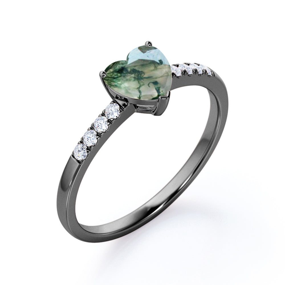 Vintage Pave 1.2 carat heart shaped Moss Green Agate and diamond eternity engagement ring in Black gold