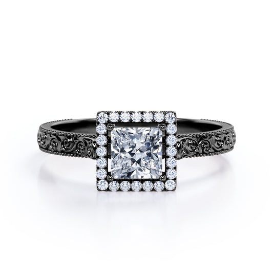 1.15 carat Princess cut Moissanite and diamond vintage filigree engagement ring in Black gold