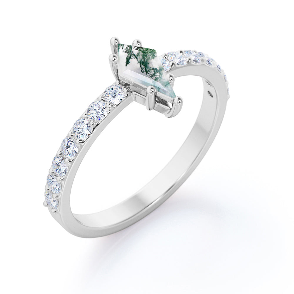 Classic Pave 1.15 carat Kite shaped Moss Agate and diamond 6 prong engagement ring in White gold