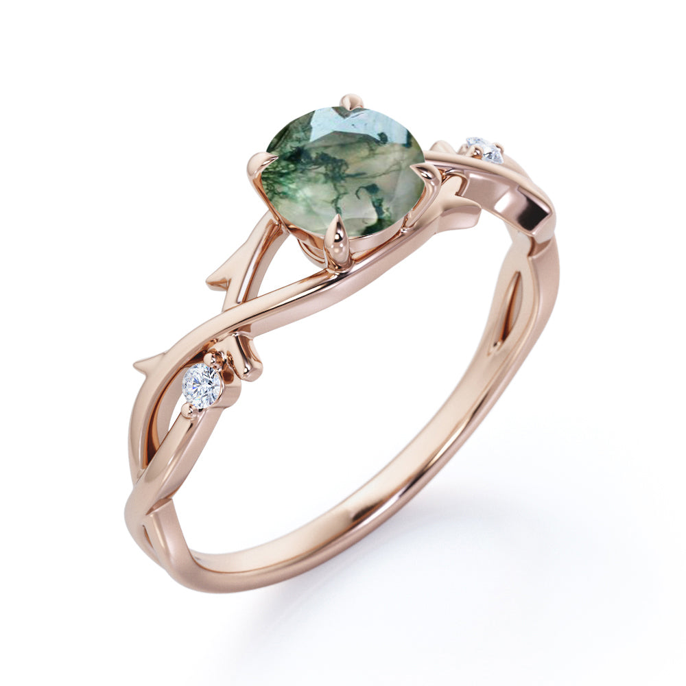 Nature inspired 1 carat Round cut Moss Green Agate and diamond claw prong setting engagement ring in Rose gold