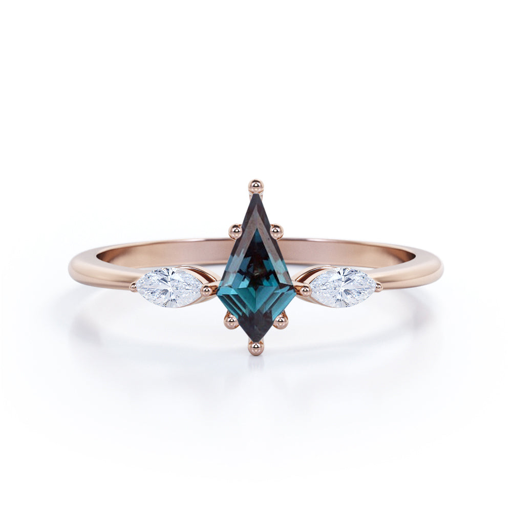 Unique trilogy 1.1 carat Kite shaped Lab created Alexandrite and diamond 6 prong engagement ring in Rose gold