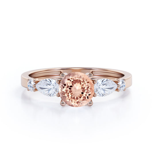 5 lucky stones 1.2 carat Round cut Peach Morganite and diamond antique engagement ring in Rose gold