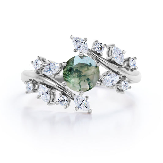 Floral Branch style 0.75 carat Round cut Moss Green Agate and diamond open style engagement ring in White gold