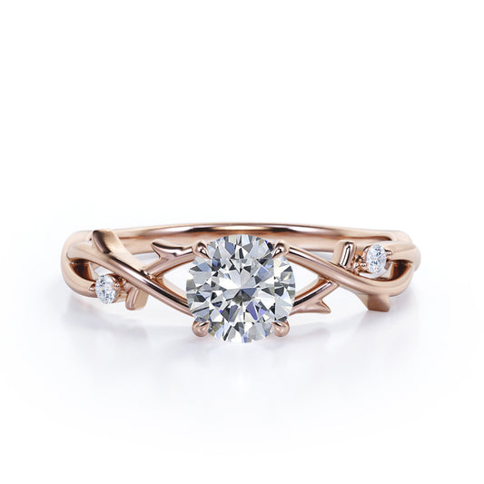 Branch leaf inspired 1 carat Round cut Moissanite and diamond solitaire engagement ring in rose gold