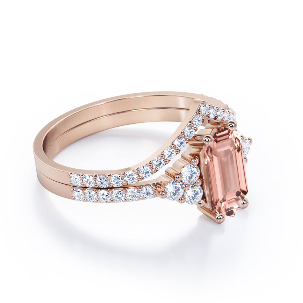 Eccentric Chevron 1.7 carat Hexagon shaped Peach Morganite and diamond wedding ring set in Rose gold