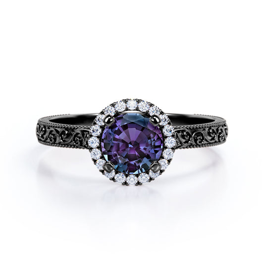 Artistic art deco 1.25 carat Round cut Alexandrite and diamond filigree and milgrain engagement ring in Black gold