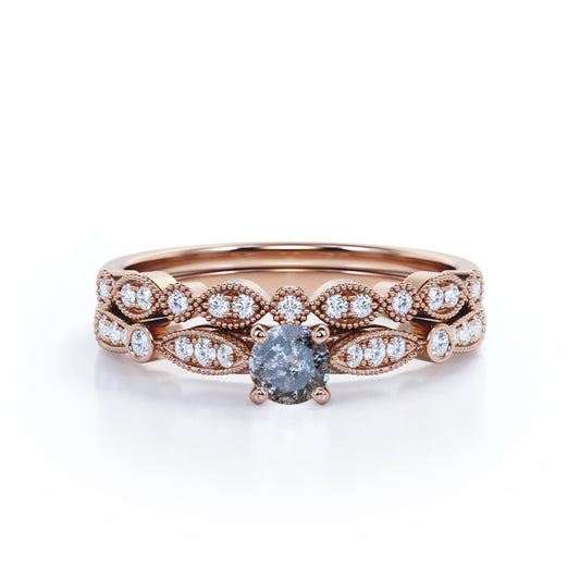 Classic Engraved 0.75 carat Round cut Salt and pepper diamond and diamond art deco inspired wedding ring set in Rose gold
