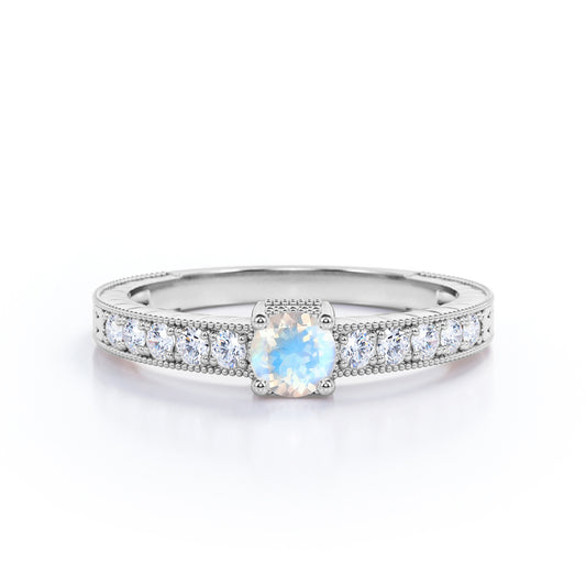 Vintage Beaded 1.25 carat Round cut Blue Moonstone and pave diamond Milgrain Edge Engagement ring in White gold
