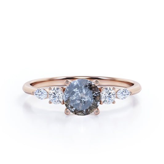 Minimalist 0.65 carat Round cut Salt and pepper diamond and white diamond classic engagement ring in Rose gold