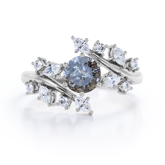 Nature inspired 0.75 carat Round cut Salt and pepper diamond and White diamond tension set engagement ring in white gold