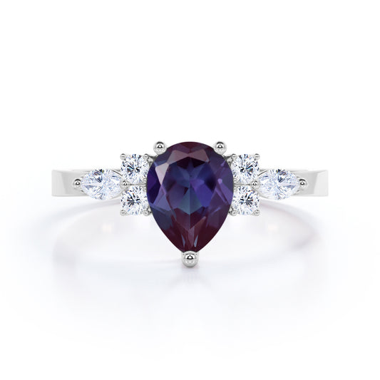 Modern Seven stones 1.15 carat Pear cut Lab created Alexandrite and diamond marquise and dot engagement ring in White gold