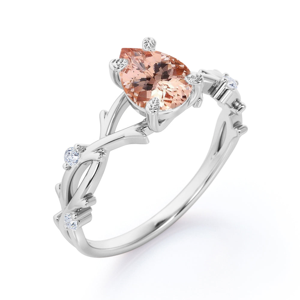 Delicate Twig and Vine 1.1 carat Pear Shaped Morganite and diamond forest ring-earthy engagement ring in White gold