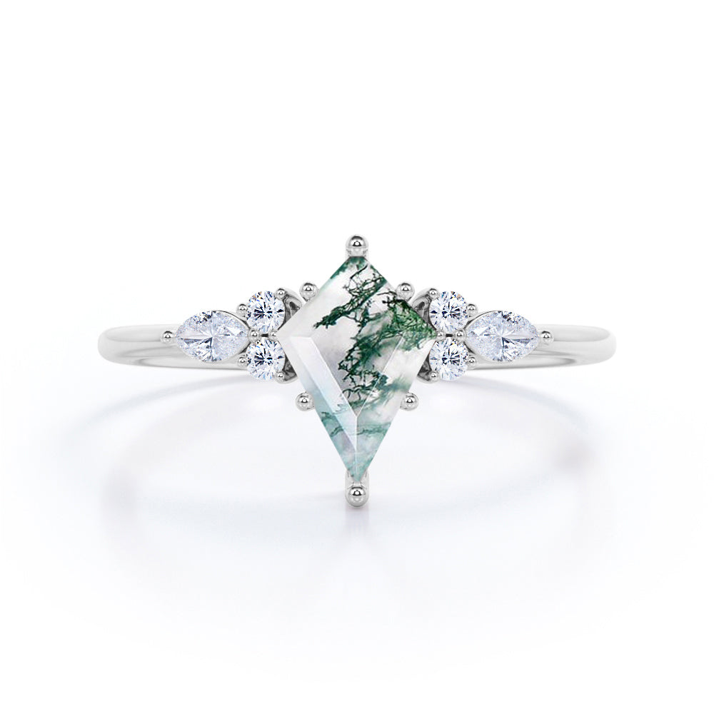 Vintage Seven stone 1.1 carat Kite shaped Moss green Agate and diamond prong style engagement ring in White gold