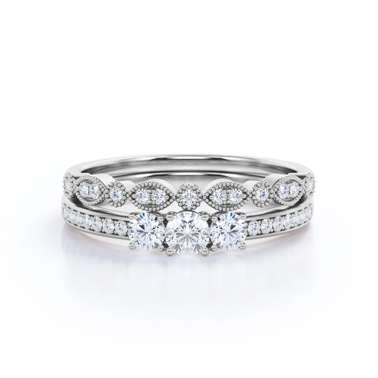 Art deco 3 stone 1.25 carat Round cut Moissanite and diamond vintage milgrain wedding ring set for women in White gold