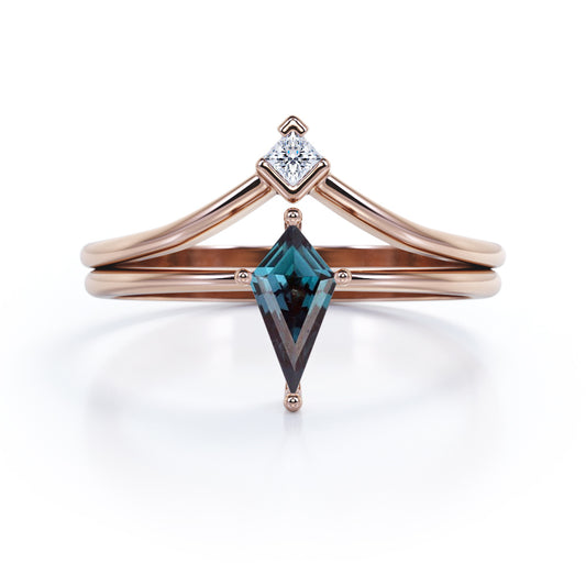 Exquisite 2 stones 1.1 carat Kite shaped Lab created Alexandrite and diamond contoured bridal set for women in Rose gold