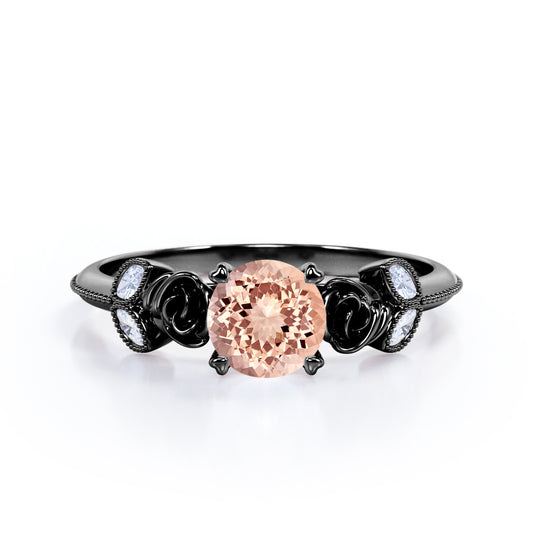 Romantic Roses 1.1 carat Round cut Morganite and diamond marquise milgrain engagement ring in Black gold