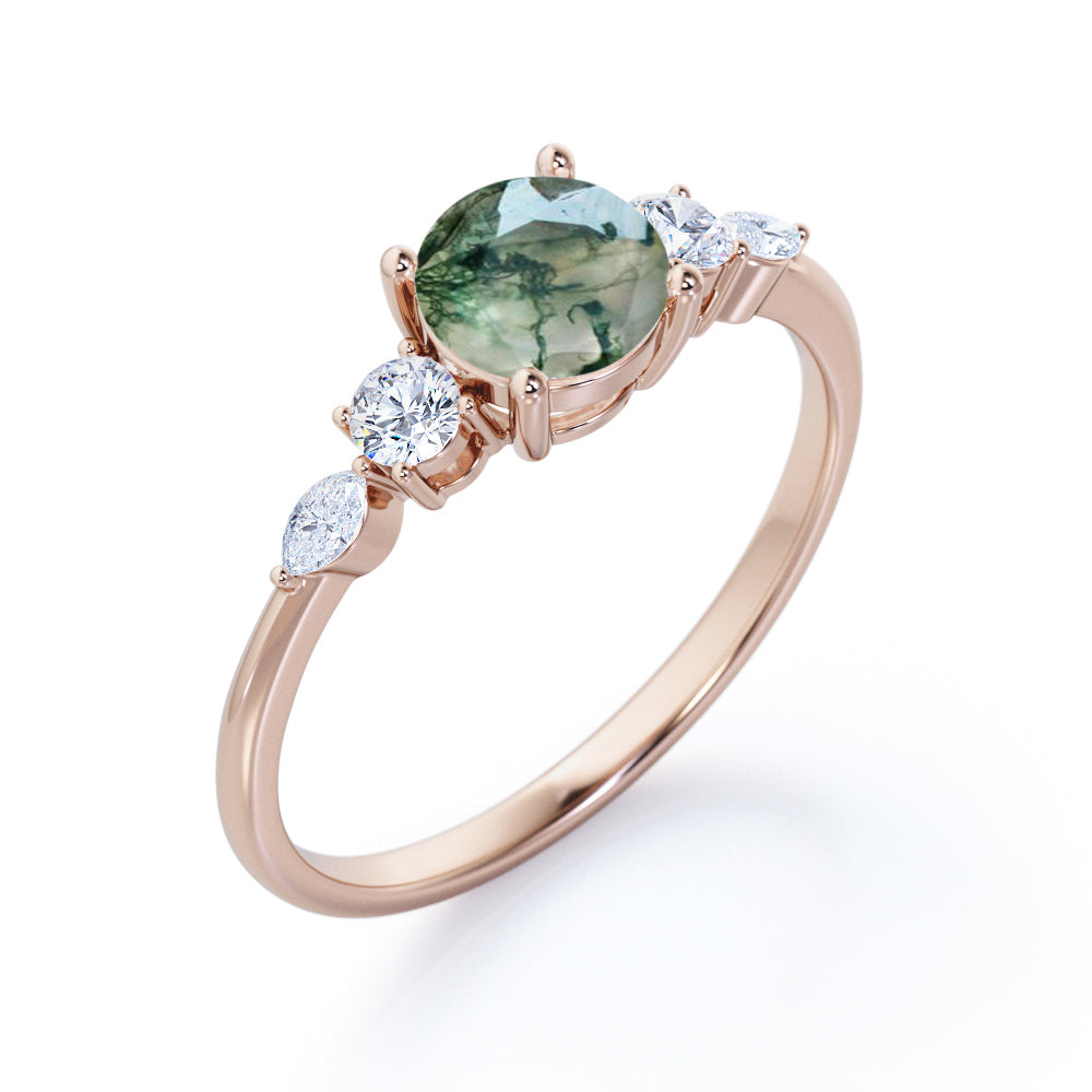 Artistic Prong basket 1.1 carat Round cut Moss Green Agate and diamond 5 stone engagement ring in Rose gold