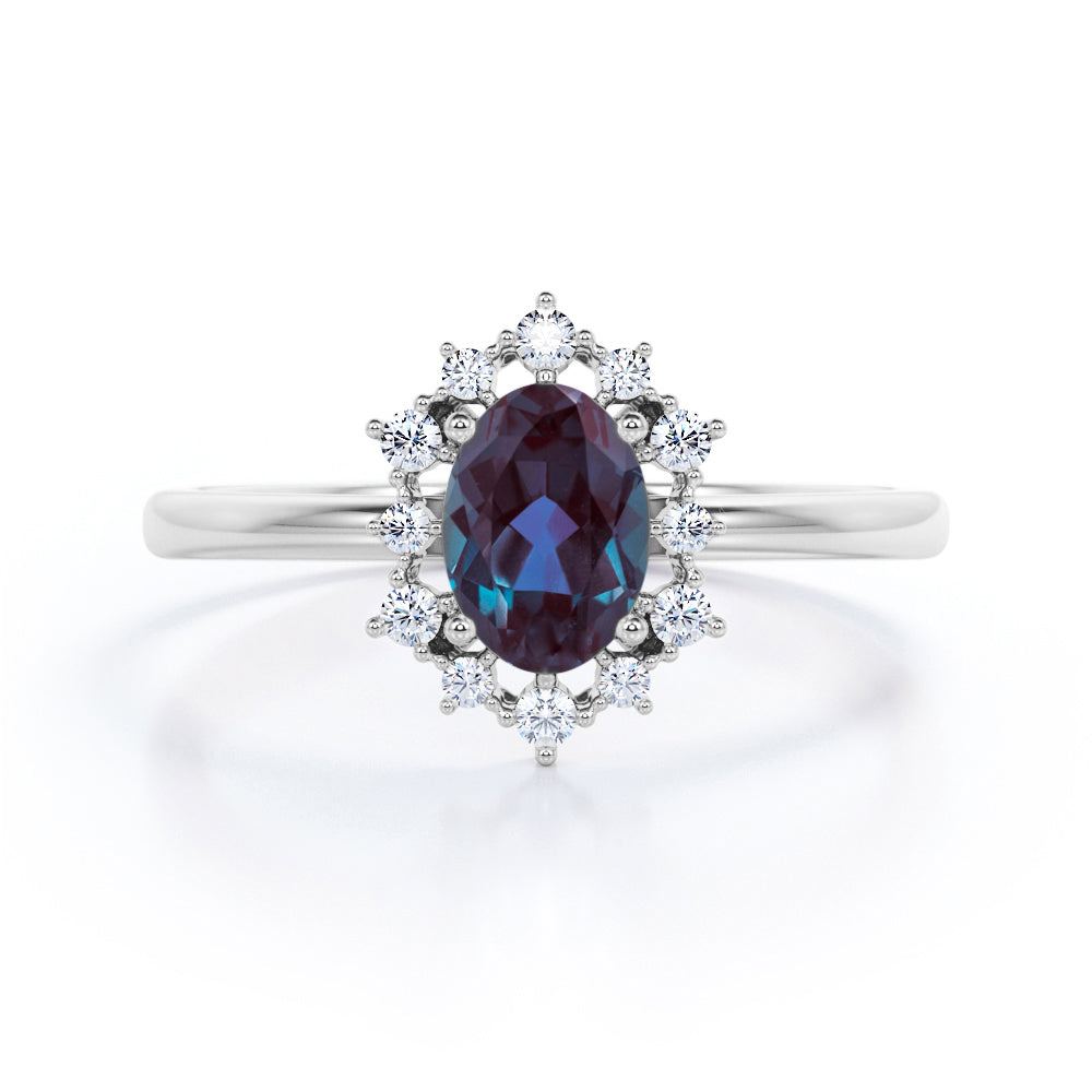 Snowflake Cluster 1.25 carat Oval shaped Alexandrite and diamond floral halo engagement ring in Black gold