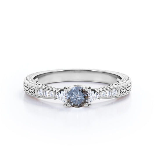 Past, Present, Future 0.6 carat Round cut Salt and pepper diamond vintage trillion engagement ring in White gold