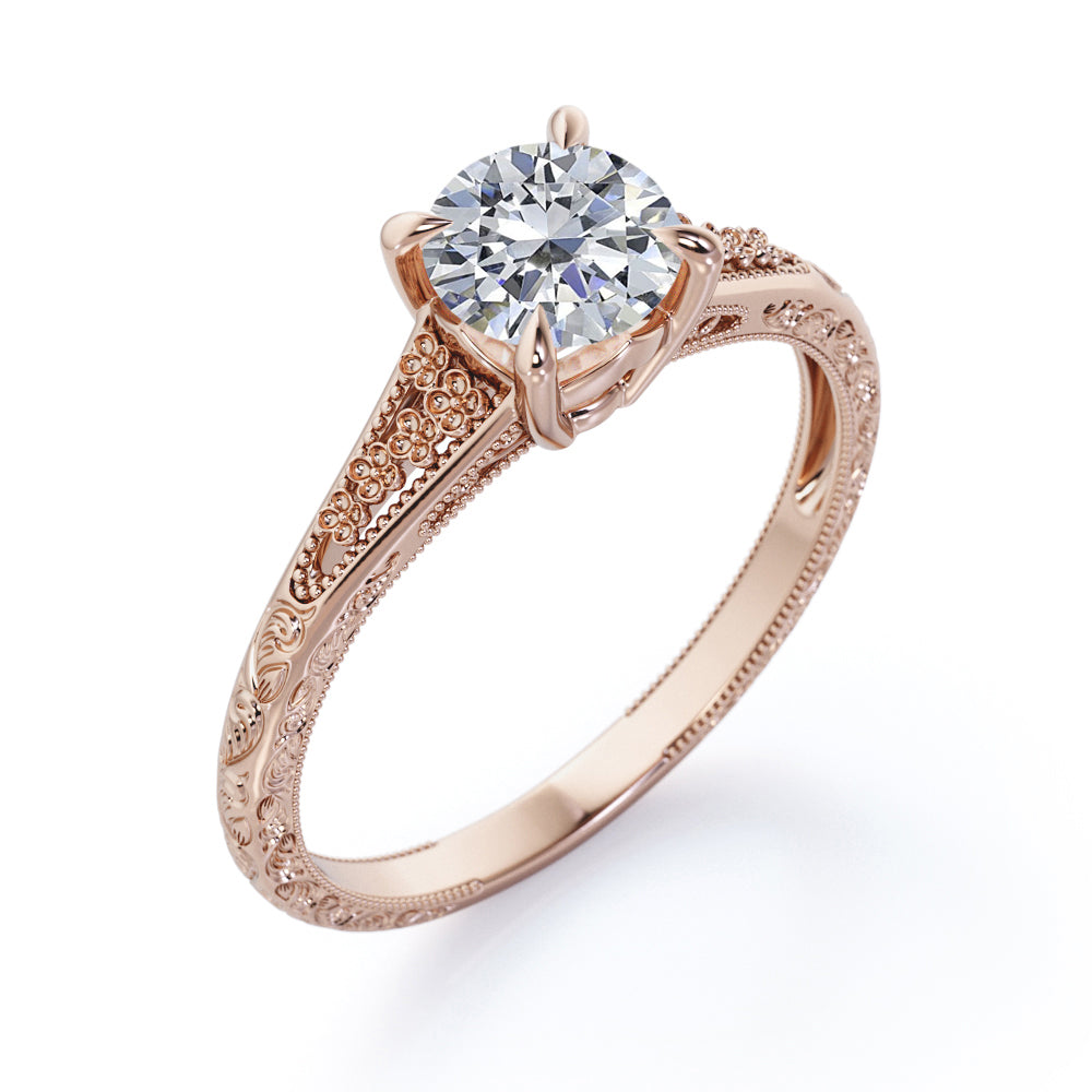 Floral art inspired 1 carat Round cut Moissanite split shank engagement ring in Rose gold