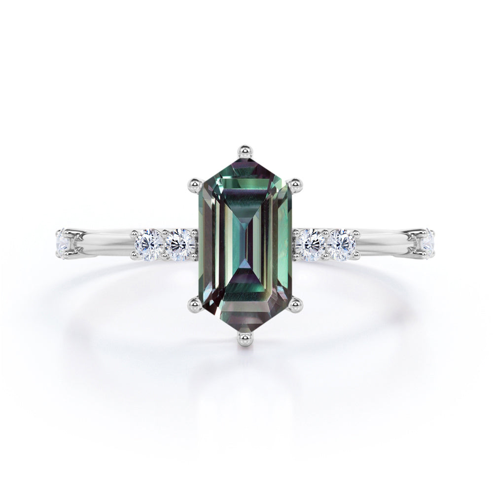 Asymmetric Prong 1.1 carat Hexagon shaped Alexandrite and diamond engagement ring for women in White gold