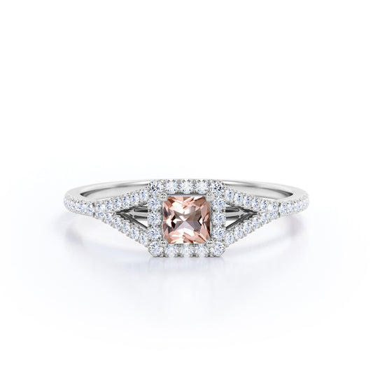 Pave shank 1 carat Princess cut Morganite and diamond eternity halo engagement ring in White gold