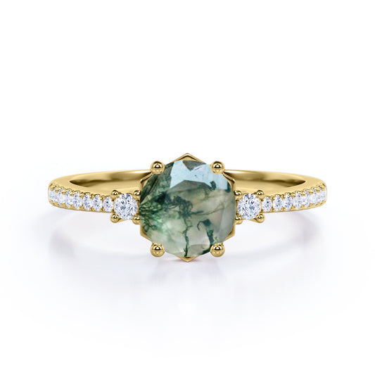 1.35 carat Round cut Moss Agate and diamond trinity pave engagement ring in Yellow gold