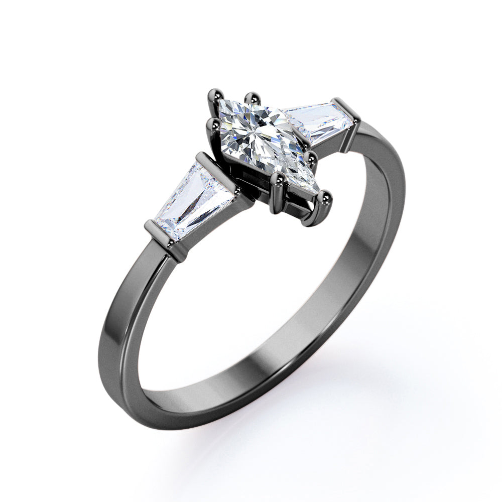 Eccentric 1.2 carat Kite shaped Moissanite and diamond art deco baguette engagement ring in Black gold