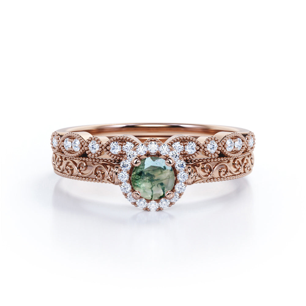 Authentic Filigree and Milgrain 0.9 carat Round cut Moss Green Agate and diamond wedding ring set in Rose gold