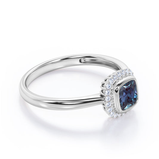 Vintage Floral 1.25 carat Cushion cut Lab made Alexandrite and diamond halo style engagement ring in White gold