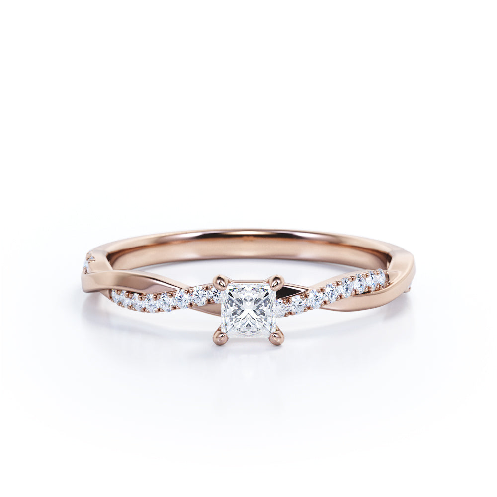 Delicate 0.7 carat Princess cut Moissanite and diamond twisted infinity engagement ring in Rose gold