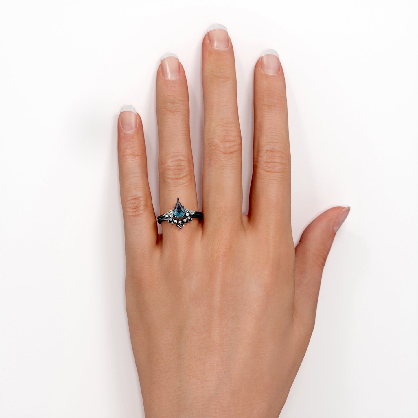 Chevron Milgrain 1.15 carat Kite shaped Lab made Alexandrite and diamond seven stone wedding ring set for women in Black gold