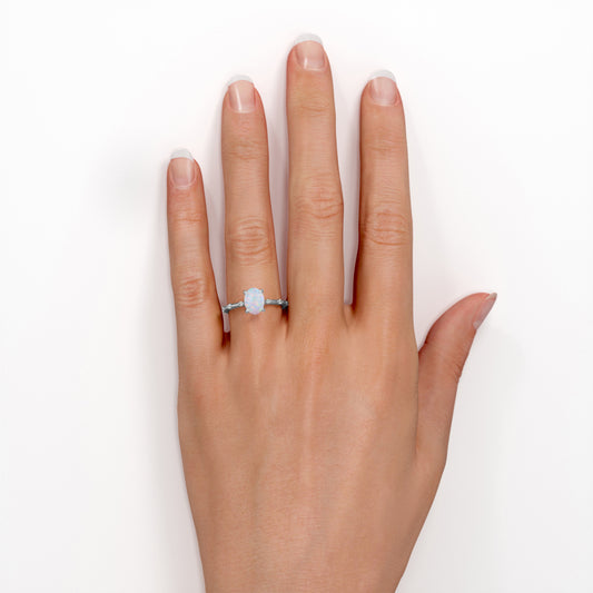 Minimalistic 1 carat Oval cut Australian Opal and diamond dainty twig engagement ring in White gold