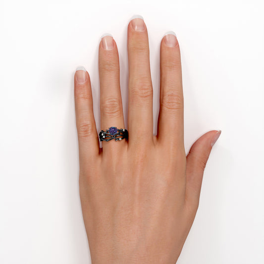 Twig Branch Bands 1.1 carat Round cut Synthetic Alexandrite and diamond art deco wedding ring set in Black gold