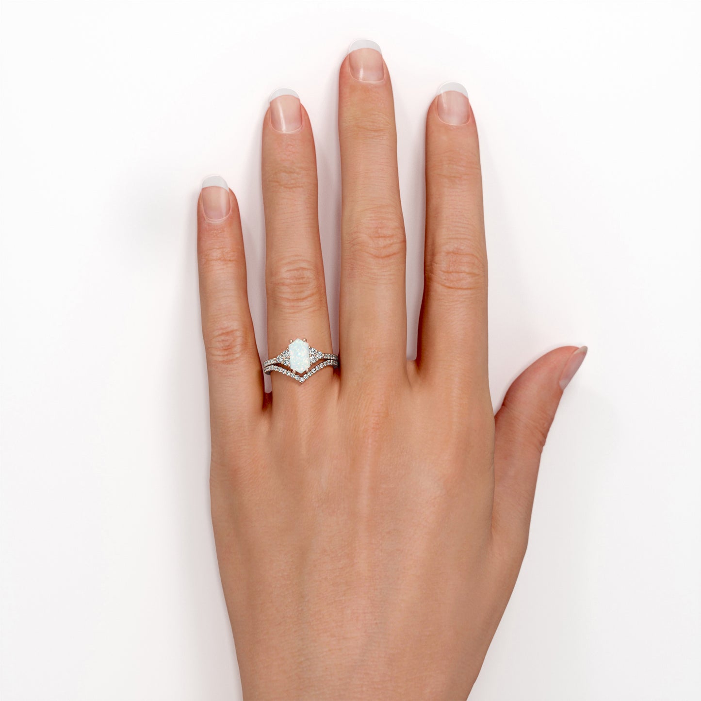 Geometric 1.40 carat Hexagon cut Ethiopian Opal and diamond V-shaped wedding ring set for women in Black gold