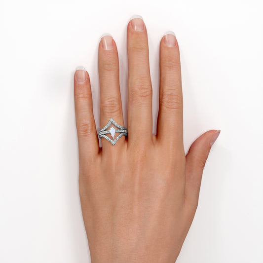 Double Chevron 1.25 carat Kite shaped Opal and diamonds art deco style trio wedding ring set for women in White gold