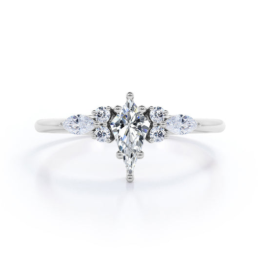Classic seven stone 1.15 carat Kite shaped Moissanite and diamonds 6 prong setting engagement ring in White gold