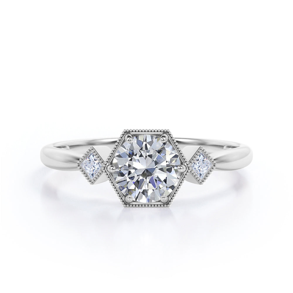 Trilogy Milgrain 1 carat Round cut Moissanite and diamonds tapered shank engagement ring in White gold