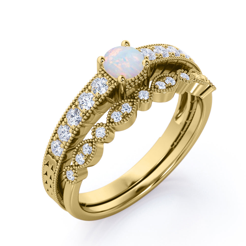 Antique Art deco 0.75 carat Round cut natural Opal and diamond Beaded-Milgrain wedding ring set for women in Yellow gold
