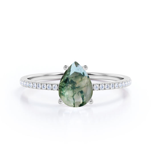 Simple Basket set 1.25 carat Pear shaped Moss Green Agate and diamond engagement ring in White gold