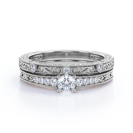 Authentic Victorian filigree 0.75 carat Round cut Moissanite and diamond Bridal set in White gold